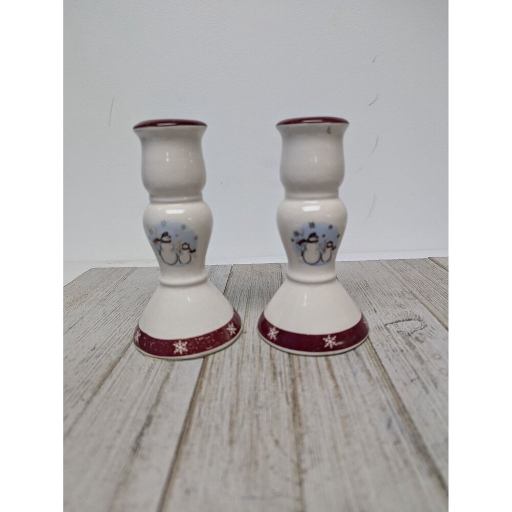 Set of 2 Royal Seasons Stoneware Snowman Candle Holders Sticks 5 1/4”